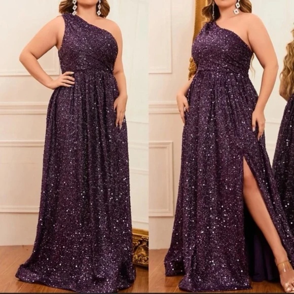 Plus Sequin One Shoulder A-line party Formal Party Wedding Dress - Picture 3 of 16